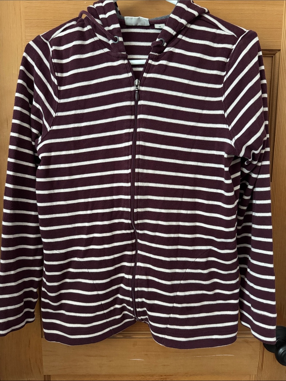 L.L. Bean Burgundy and White Striped Hooded Zip Sweater